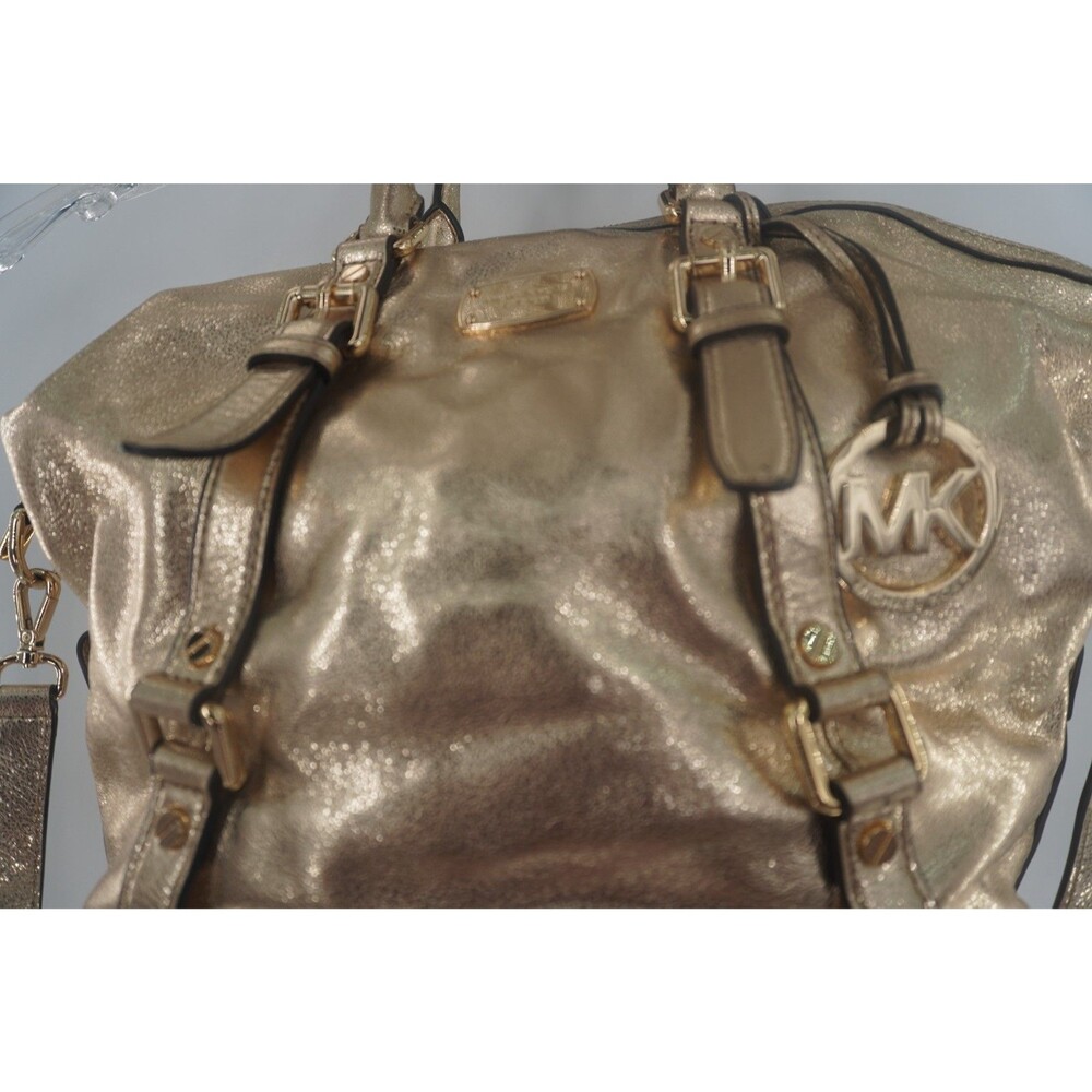 Michael Kors Metallic Gold Leather Satchel Crossbody Front Buckles MK Medallion - Picture 4 of 8
